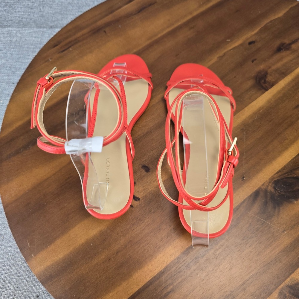 Ann Taylor Womens Coral Red Leather Strappy Ankle Strap Kitten Heel Sandals 6M - Picture 9 of 13